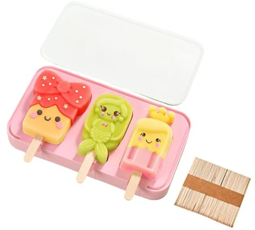 drburpily Moldes de helado caseros con dibujos animados de felicidad para niños. Moldes para paletas de gel de sílice con palitos. Moldes para helado con palitos, A