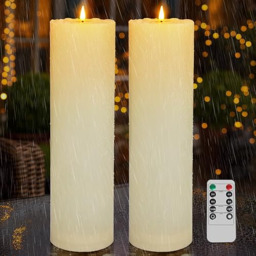 Kimjo 10CM x 35CM Flammenlose Große LED Kerzen Outdoor Wasserdicht 2 Stück - Elfenbeinweiß Echtwachs Led Kerzen mit Timerfunktion Fernbedienung - Led Kerzen Flackernde Flamme 500+ Stunden Batterie