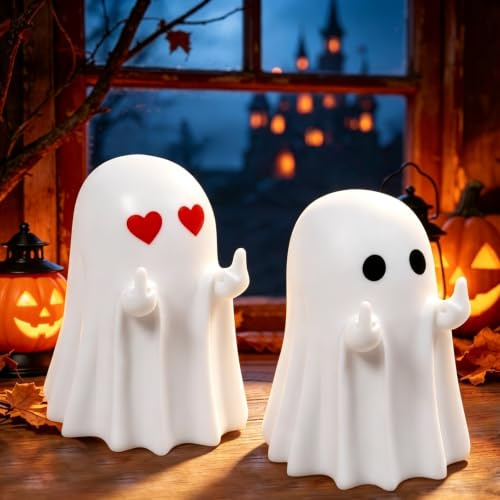 Halloween Deko Geist Figuren, 2 Stück Cute Geister Statue Deko, Mittelfinger Geist Figuren, Halloween Deko Figur, Halloweens Gruselig Geisterdeko für Zimmer, Desktop Ornamente und Outdoor Indoor