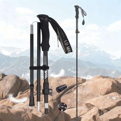 1 Piezas Bastones de Senderismo Plegables, Aleación de Aluminio Ajustables (36-135cm), Ligeros y Portátiles para Aventura al Aire Libre (Negro)