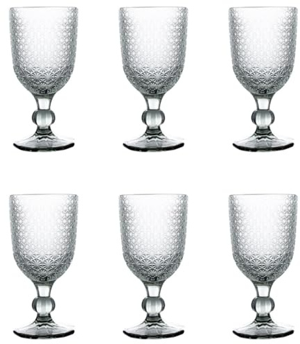 Evviva Set 6 calici vino 300 ML in vetro colorato e decoro geometrico a rilievo Mozart (Grigio Fumo)