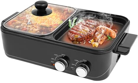 Electric Hot Pot with Grill, 2 In 1 Hot Pot BBQ Grill Multifunction Nonstick Shabu with Separate Dual Temperature Control, 1200-1500W, 220V, Hotpot Suitable for Steaks, BBQ, Shellfish, Pasta