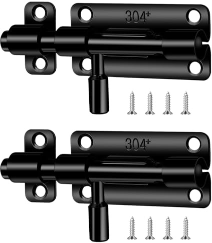 2 Pack Barrel Bolt Latch, Black Door Latch Hardware Door Security Slide Latchs Lock Barrel Bolt Thickened Stainless Steel Sliding Locks for Doors, Brushed Finish Sliding Bolt-Lock-Latches with Screws