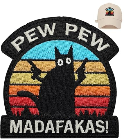 TAKONE Klett Patch PEW PEW MADAFAKAS – gestickter Katzen Aufnäher | Klettverschluss, gestickt, 7,8×7,8 cm, robustes Polyester
