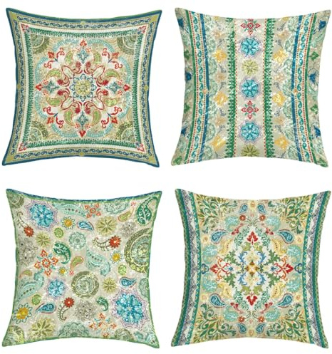 Joymaison Kissenbezüge 45x45 4er Set Boho Vintage Grün Mandala Blumen