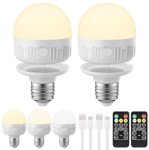 LGMCF Bombilla recargable E27 con mando a distancia, 8 W, batería regulable con función de temporización, 3 colores para lámparas no cableadas, luz de emergencia con magnético, 2 unidades