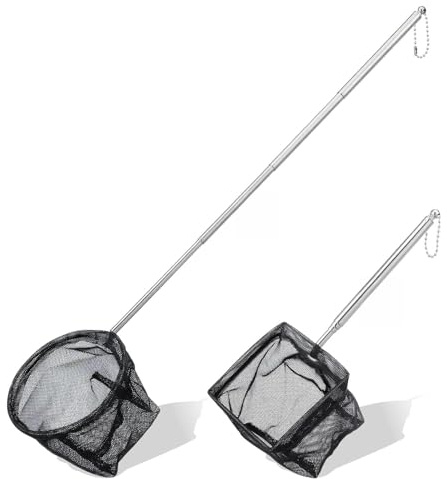 Nogeqi 2 retini per acquario, piccoli retini con manico estraibile in acciaio inox, per acquari, piccoli laghetti di pesci e gamberetti, 8 cm/10 cm