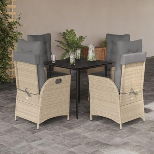 QJBSAVVA 5-teiliges Gartenmöbel Set mit Beige Poly Rattan Sessel klappbar 110 kg Tragkraft 80 x 80 x 74 cm Esstisch aus Hartglas Modernes Design für Balkon Terrasse und kleine Gärten