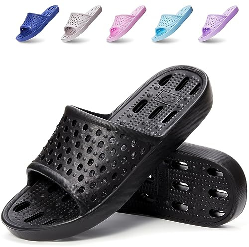 Xomiboe Shower Shoes Men Shower Slippers Women Non Slip Flip Flops Bathroom for College Dorm Room Essentials Sandals Slides With Holes Students Boys Girl Gym (Black,EU48-49)