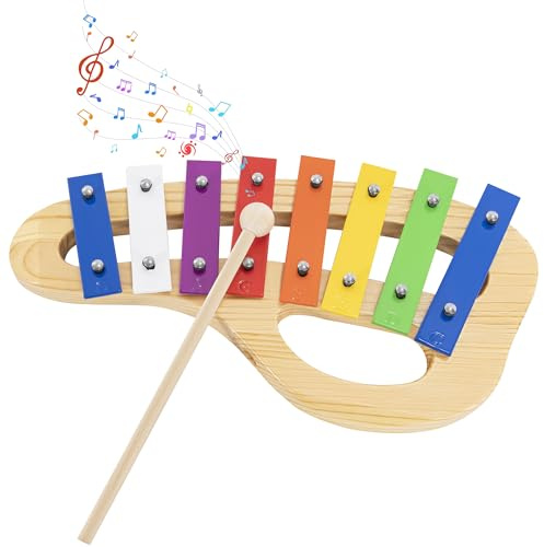 OUUTMEE Kinder Xylophon mit 8 Tönen, Musik Glockenspiel mit 1 Schlägel, Percussion Musikinstrument aus Holz Bunte Tonleiter, hölzernes Regenbogen Geschenk für Musikalische Früherziehung