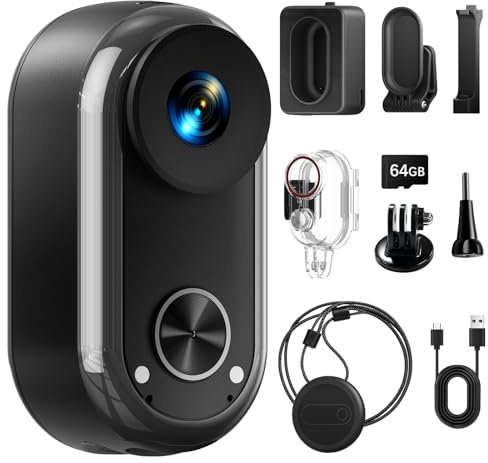 WOWAWOLA Mini videocamera per il corpo 4K, per vlog, WiFi, registrazione POV, fotocamera subacquea 30 m, stabilizzazione EIS a 6 assi, magnetica, scheda da 64 GB