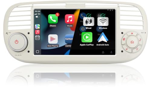 Radio de Coche para FIAT 500 Radio con Pantalla táctil USB Bluetooth FM/Am Linux Sistema estéreo de Coche de Doble DIN con Carplay inalámbrico/Android Auto (Black)