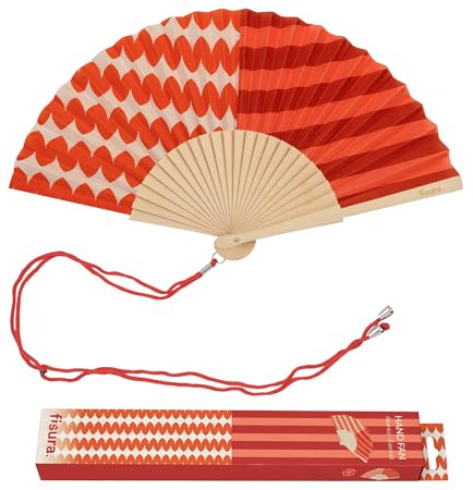 Fisura – Éventail en Bois Motif Rayures et Vagues Rouge, Accessoire à Main Estival avec dragonne Incluse, Design coloré pour Plage, Festival et Vacances, idée Cadeau Femme Original 42,5 x 23 cm