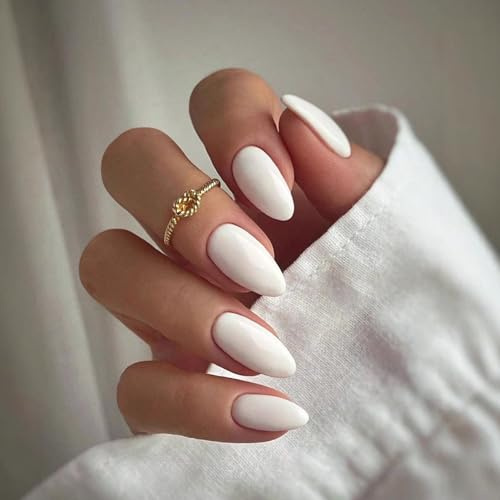 24Pcs Weiß Press on Nails, Mandel Fingernägel zum Aufkleben, Natürlich Falsche Nägel, Full Cover Fake Nails Set Mit Kleber & Werkzeugen, Glänzende Wiederverwendbare Kunstnägel für Frauen(Weiß)