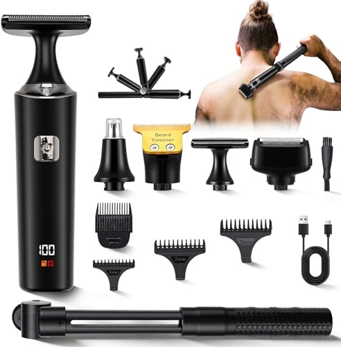 VeftBltrem Rasoir électrique pour Le Dos pour Hommes, 5 en 1 Tondeuse Intime Homme, Tondeuse pour Hommes avec Extensible poignée, étanche IPX7 et écran LED, Tondeuse à Poils corporels sans Fil