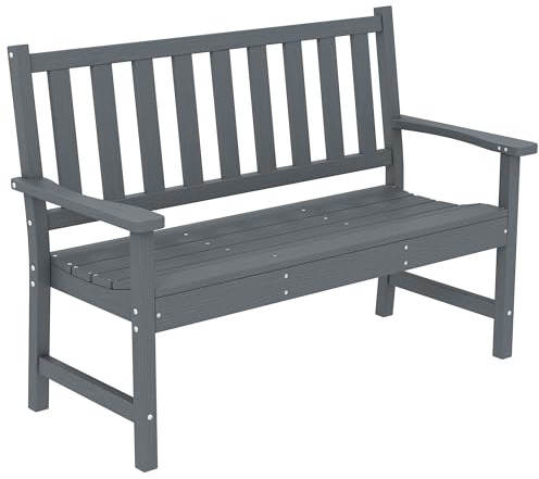 Outsunny Gartenbank 2-Sitzer Wetterfest HDPE 130 x 59 x 91 cm Grau | Lamelldesign Holzoptik, Ergonomische Rückenlehne, Bis 240kg, Outdoor Sitzbank, Balkonbank, Parkbank, Gartenmöbel