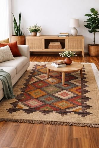 Ripaz Vogue - Tappeto Kilim intrecciato a mano in lana e iuta a trama piatta, stile bohémien, tribale, tappeto in fibra naturale, tappeto per soggiorno, camera da letto, corridoio, decorazione, 150 x