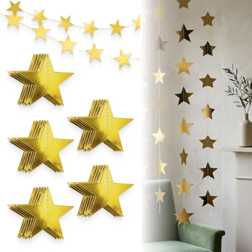 5 Stück Sternengirlande Gold – 4m Papiergirlande mit vielen goldenen Sternen, reflektierende Hängedeko Girlande für Hochzeit, Weihnachten, Party, Festival, Scandinavian Room Decor, Weihnachtsdeko
