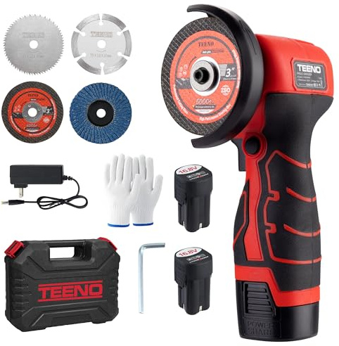 TEENO Amoladora angular inalámbrica de 76 mm, 19 500 rpm, 16,8 V, con 2 baterías de 2000 mAh, mini amoladora profesional + 6 discos de corte, caja de plástico para almacenamiento