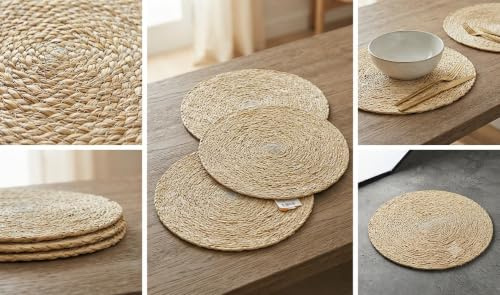 Set di 6 Tovagliette Americane Rotonde cm 34 in Fibra Naturale Intrecciata (Beige chiaro, 34 cm, 6, unità, 1)