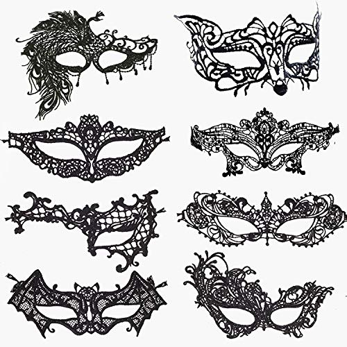 Venezianische Masken,Sexy Maskerade Maske 8er Pack Schwarz Spitze Augenmaske Halloween Augenmaske mit Gummibändern für Damen Lady Chirismas Party Masquerade Ball