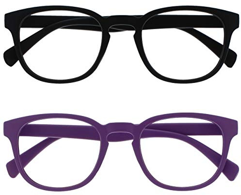 OPULIZE Pop Fernbrille 2er Pack Kurzsichtigkeit Keck Rund Matt Rahmen Federscharniere Kratzfest Schwarz Lila Herren Damen MM2-15 -1.00