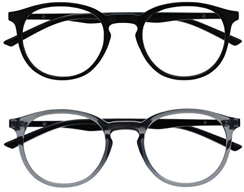OPULIZE Met Lunettes de Lecture Pack de 2 Montures Rondes et Mincess Charnières à Ressort Anti-Rayures Noir Gris Transparente Hommes Femmes RR60-17 +2.00