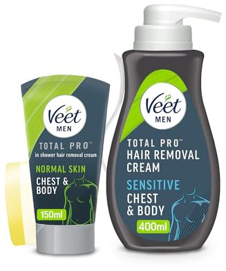 Veet Men's Hair Removal Cream Set: 400ml Pump & 150ml In-Shower Formula For Smooth Skin On Body, Back, Sensitive Areas - Quick, Effective Depilatory Solution