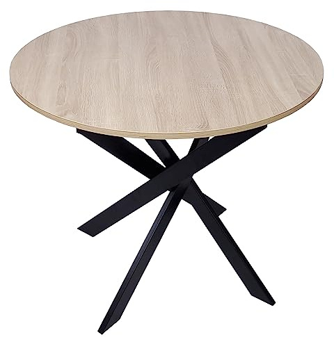 Skraut Home | Runder Fester Esstisch | Modell Zen | Wohnzimmer | 90 x 90 x 77 cm | Kapazität für 4 Personen | Widerstandsfähige Materialien | Farbe Eiche | Matt Schwarze Metallbeine lackiert