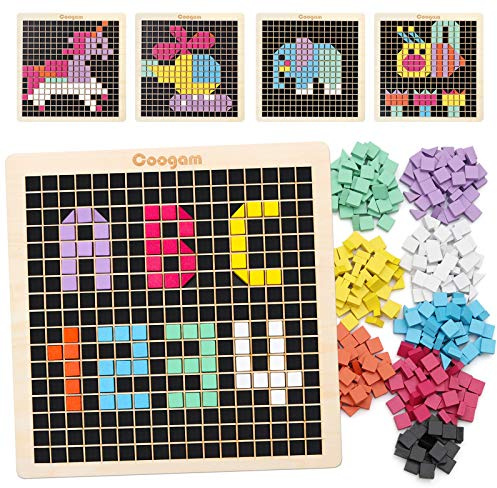 Coogam Holz Mosaik Puzzle, 370PCS Form Musterblöcke mit 8 Farben, Pixel Brettspiel STEM Montessori Spielzeug Geschenk für Kleinkinder Kinder Jungen Mädchen Alter 4 5 6 7 Jahre alt