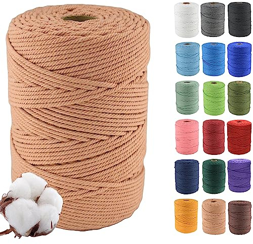 3 mm x 500 m Cordon en Coton macramé Doux, 4 brins torsadés Coton Naturel pour accrochage Mural, Bricolage, Artisanat, Tricot, accroche-Plantes, projets de décoration, Rouge Brique