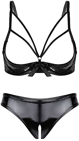 FEESHOW Frauen Büstenhebe Sexy Dessous Set Erotische Wetlook Dessous Damen Für Sex Ouvert Leder BH Slip Panty Set Erotische Unterwäsche Schwarz M