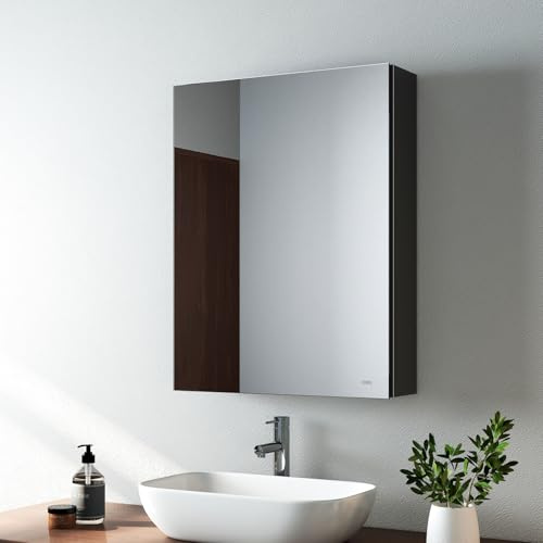EMKE Bathroom Mirror Cabinet Single Door - Wall Mounted Bathroom Cabinet Storage Cupboard with Adjustable Shelf, Waterproof Bathroom Wall Storage Cabinets, Black 50L x 65H x 14.5D cm | Wall-mounted mirror cabinet with adjustable shelves, double-sided mirror door and soft-close hinges.