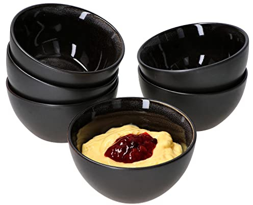 MamboCat Reactive Glaze Grey Black 6er Set Puddingschalen I Kompott-Schalen schwarz aussen Kupferoptik I Dessertschüsseln Mini-Bowl I handgefertigte Steingut-Schüsselchen I Fingerfood Schalen 200ml