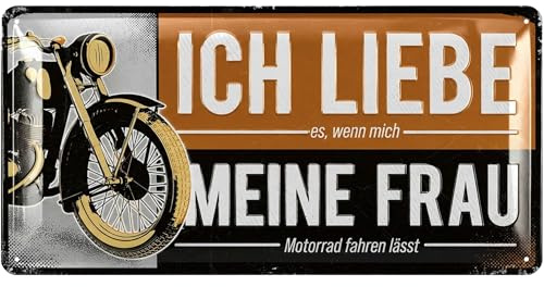 LANOLU retro Blechschild - ICH LIEBE MEINE FRAU - Motorrad Geschenke für Männer, Motorrad Deko Werkstatt, Geschenkidee für Motorradfahrer 17x34 cm