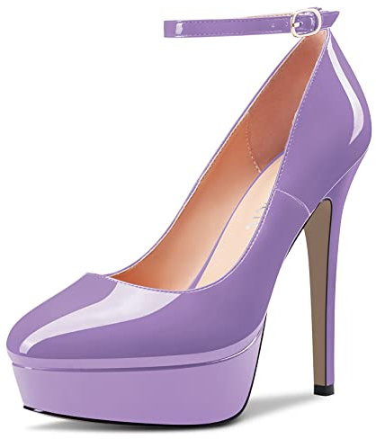 Castamere Donna Spillo Alto High Piattaforma Tacco Heel Rotonda Punta Cinturino alla Caviglia Pumps Slip-on da Matrimonio Feste Dress 13 CM Heels Viola Verniciata 36 EU