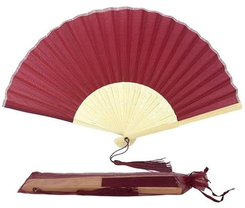 FANSOF.FANS Ventaglio a mano pieghevole in tessuto con nappa, stecche in bambù grade A, per feste estive, eventi, bomboniere, compleanni, matrimoni, souvenir (rosso scuro)