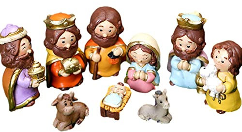 Set Presepe di Natale in Resina - 10 Pezzi Con 7 Figure, Statue, Mangiatoia e Statuine per Decorazioni di Ufficio, Casa e Chiesa