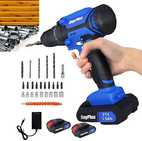 Cordless Drill Set Screwdriver Tool with 2X1500mAh Li-Ion Rechargeable Batteries & 25+1 Torque, 45 Nm Handheld Electric Combi Drill Screwdriver with 0.8-10mm Chuck, 0-400/0-1500 rpm Speed