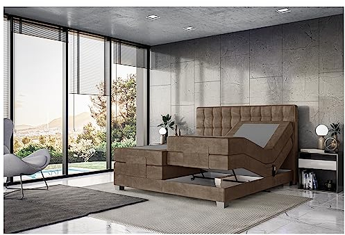 MEBLINI Boxspringbett Elektrisch Verstellbar - Gepolstert Doppelbett mit Matratzen und Toppers - Polsterbett - Bett mit Kopfteil - Edison - 160x200 - H3/Braun Samt