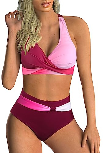 Adigaber Maillot de Bain Deux Pièces pour Femme Taille Haute Imprimé Bikini | Haut croisé，Rembourrages amovibles，Contrôle du ventre，Bretelles réglables，Respiran，Séchage rapide，Plage，Sexy，Effet push-up