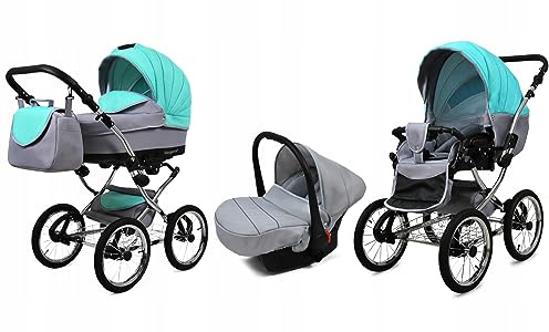 BabyLux® Kinderwagen Set 3 in 1 - Margaret Exclusive - incl. Babywanne, Buggy Sportsitz, Auto-Babyschale - Autositz - Kinderwagenset - Kombikinderwagen mit Wickeltasche, Regenschutz usw.