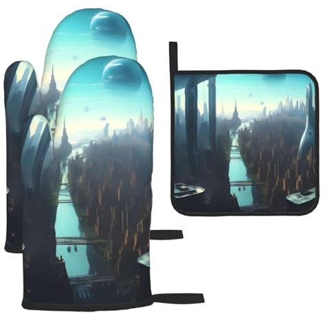 Cities Of The Future - Set di 3 guanti e presine antiscottatura per cucinare e grigliare, regalo di Natale per la festa della mamma