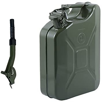 Oikabio Bidon en métal de 10 l pour essence, pétrole brut, carburant en vert avec bec flexible pour voiture, voyage, camping-car (vide)