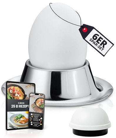 Thiru Premium Eierbecher Edelstahl inkl. Eidorn (6er mit Eidorn) - Stapelbar mit Ablage - Ideal für alle Eiergrößen - inkl. E-Book mit 25 Rezepten