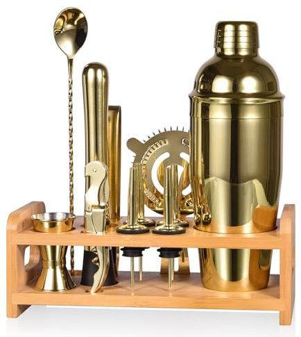 Esmula 750ml Cocktail Making Set with Bamboo Stand, 12 Piece Cocktail Shakers Kit for Mixed Drink, Professional Stainless Steel Bartender Bar Tool Set-Cocktail Recipes Booklet (Gold)