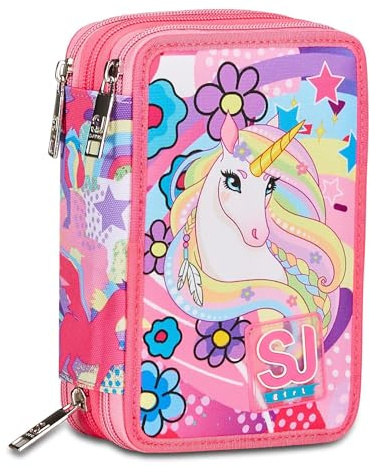 SJ Gang Astuccio Scuola 3 Zip, Rosa, UniBraid, Unicorno Portapenne Triplo Scomparto Completo Di Penne, Matite, Colori, Accessori Zaino, Elementari, Medie, Bambina