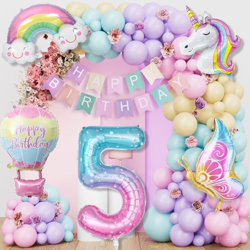 YEJIKJ Unicorn Balloons 5th Birthday Decorations for Girls Boys, Unicorn Party Decorations 5th Birthday Banner for Girls Boys