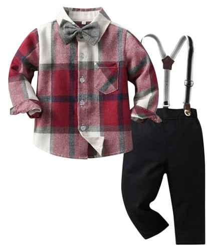 Kunyeah ragazzo Gentleman Plaid abiti bambino Camicia a maniche lunghe con papillon bretelle pantaloni vestito bambino per 1-6 anni (Rosso, 4-5 anni)