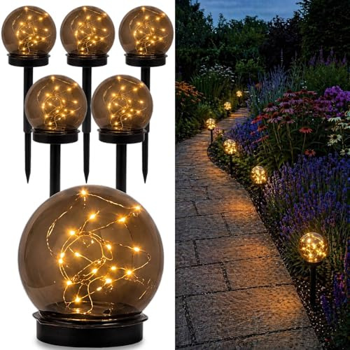Lumiled 6 Stück Solar Gartenleuchte Solarlampe Solarkugeln für Garten Außen Leuchtkugel Kugel mit Erdspieß Dämmerungssensor Außenleuchte Wegeleuchte rauch LED IP44 Warmweiß ∅10